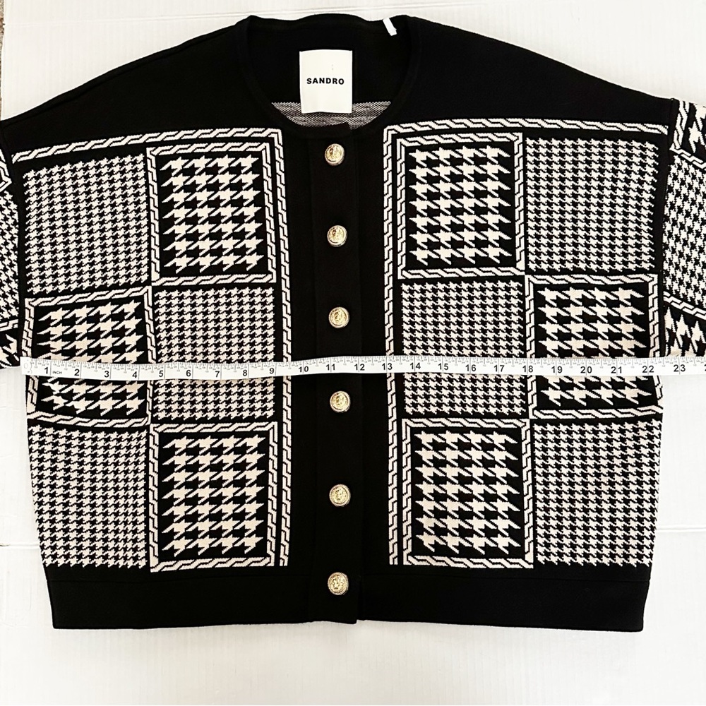 Sandro Jules Houndstooth Cropped Cardigan Black & Cream Size Large - Picture 8 of 13